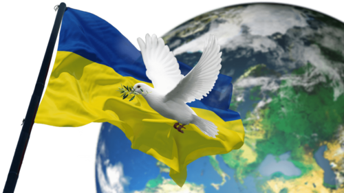 Ukraine flag with dove and world